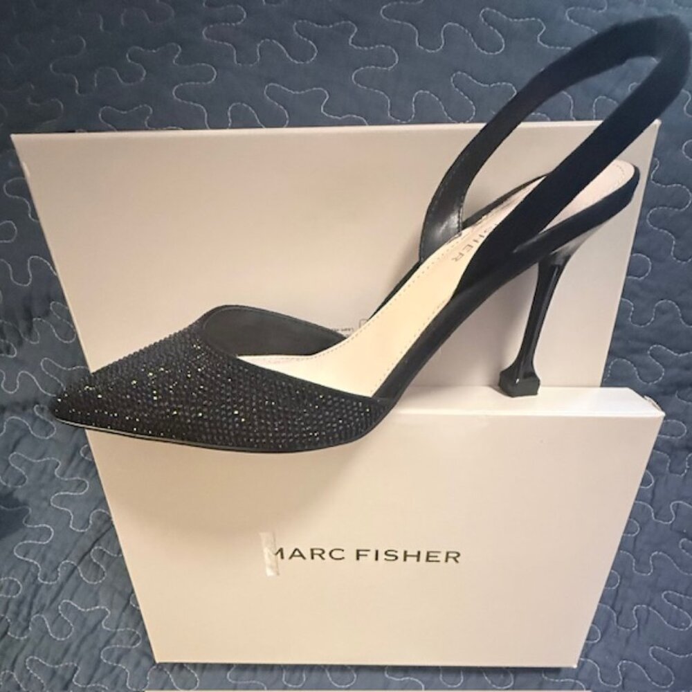 MARC FISHER BLACK SEQUINED SLING BACK HEELS